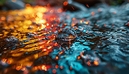 Close-up of a dewdrop reflecting the colors of a rainbow.