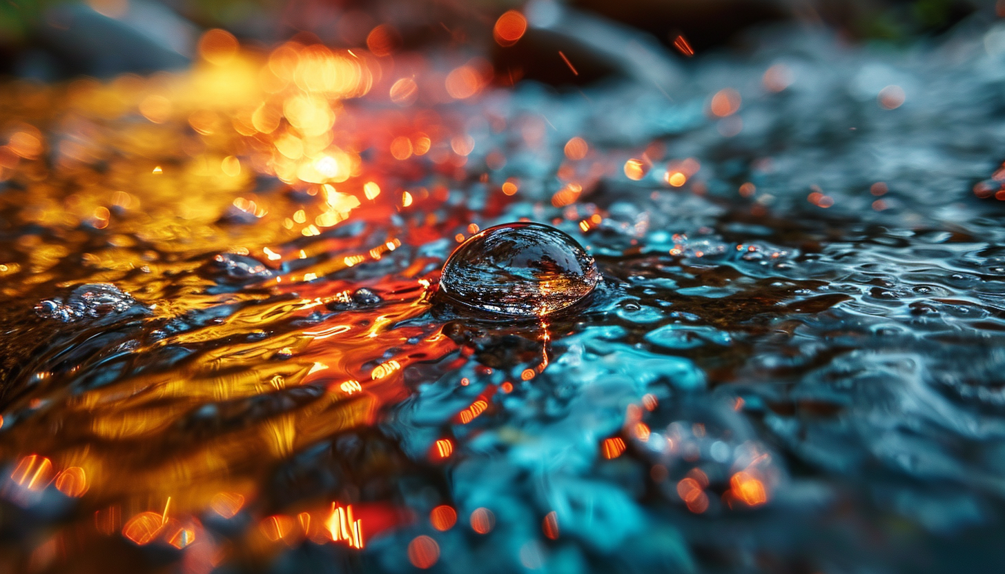 Close-up of a dewdrop reflecting the colors of a rainbow.