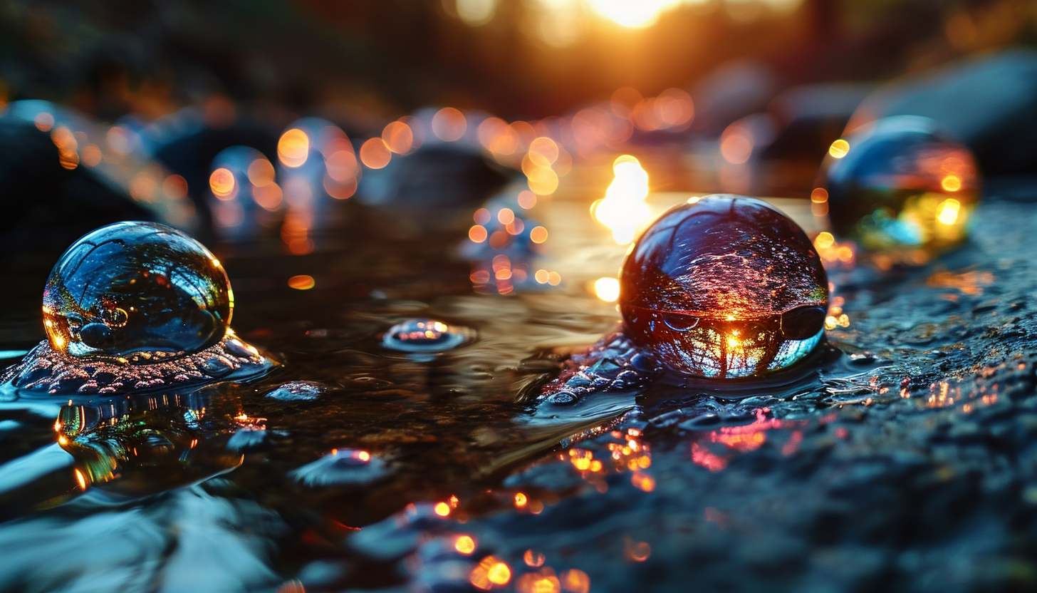 Close-up of iridescent soap bubbles, reflecting a myriad of colors.