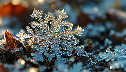 Macro view of snowflakes, each with a unique and intricate design.
