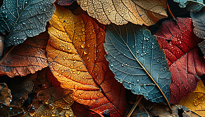 Colorful autumn leaves under a microscope, showing intricate cell structures.