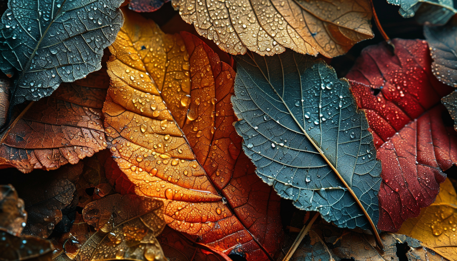 Colorful autumn leaves under a microscope, showing intricate cell structures.