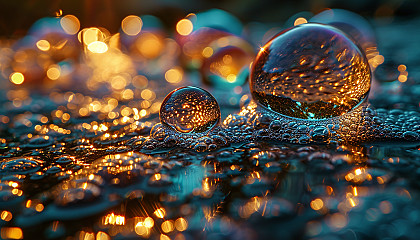 Close-up of iridescent soap bubbles, reflecting a myriad of colors.