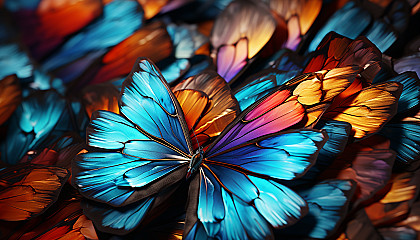 The radiant colors and patterns of a butterfly wing up close.