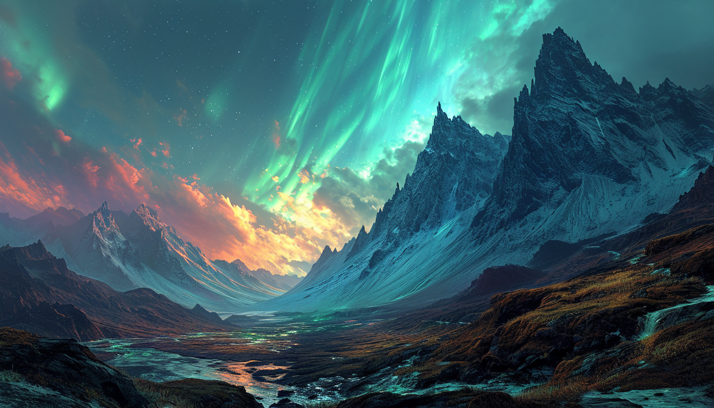 Aurora borealis over a planetary landscape, with vivid greens and purples.