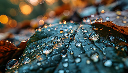Close-up of raindrops on a leaf, each drop reflecting a miniature world.
