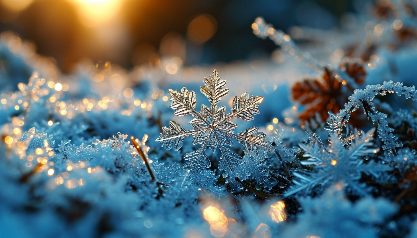 Macro view of snowflakes, each with a unique and intricate design.