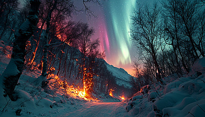 Aurora borealis dancing over a snowy, untouched landscape.