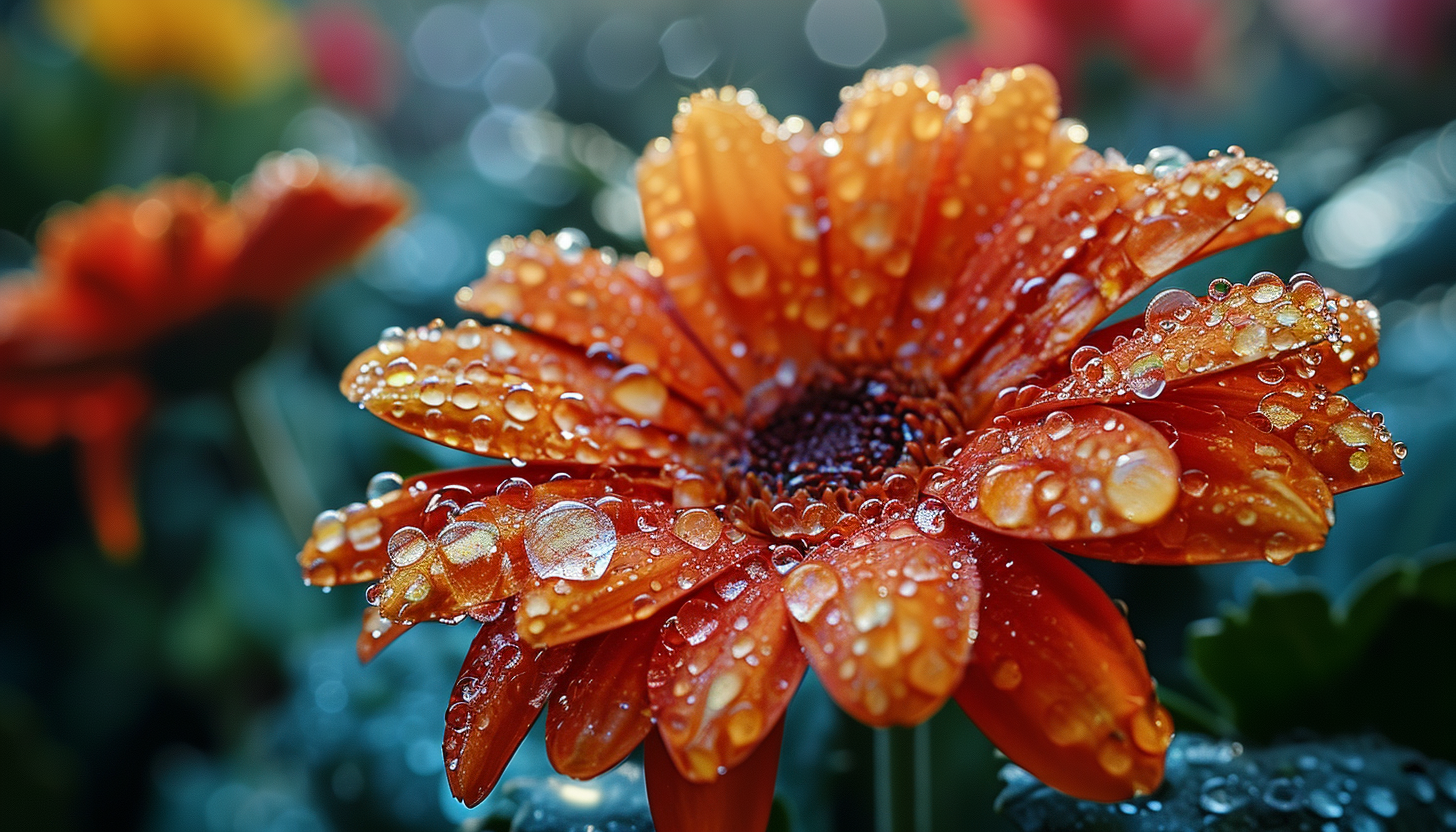 Close-up of dewdrops on vibrant flower petals.