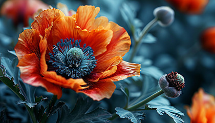 Close-up of a blooming flower, revealing detailed textures and vivid colors.