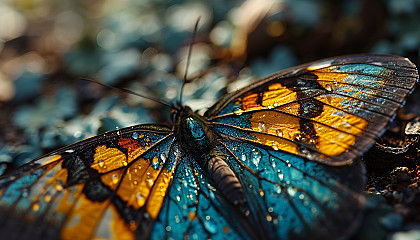 Macro shot of a butterfly's wing, showcasing intricate patterns and vibrant colors.