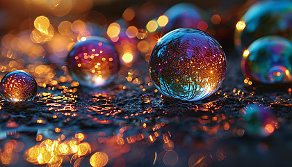 Close-up of iridescent soap bubbles, reflecting a myriad of colors.