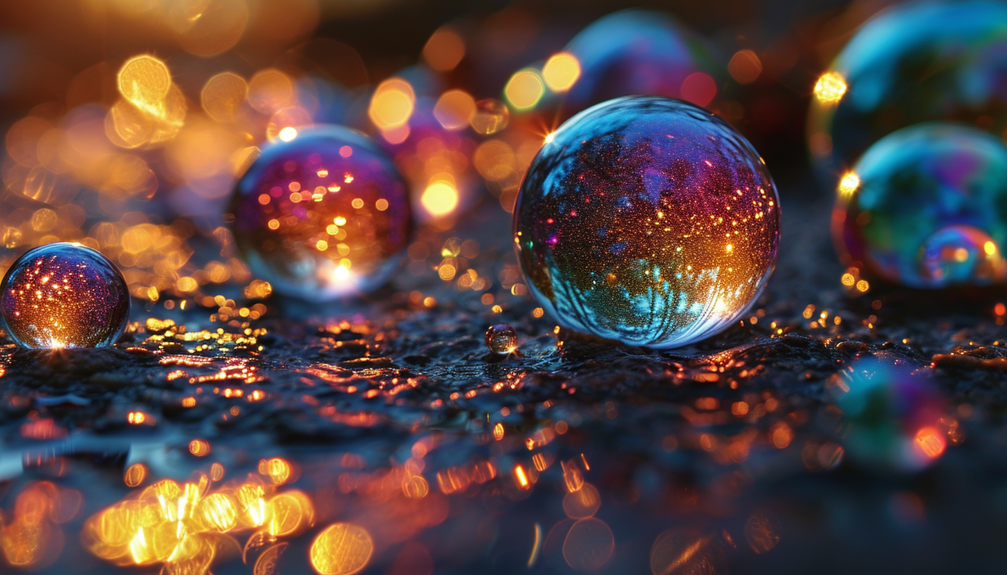 Close-up of iridescent soap bubbles, reflecting a myriad of colors.