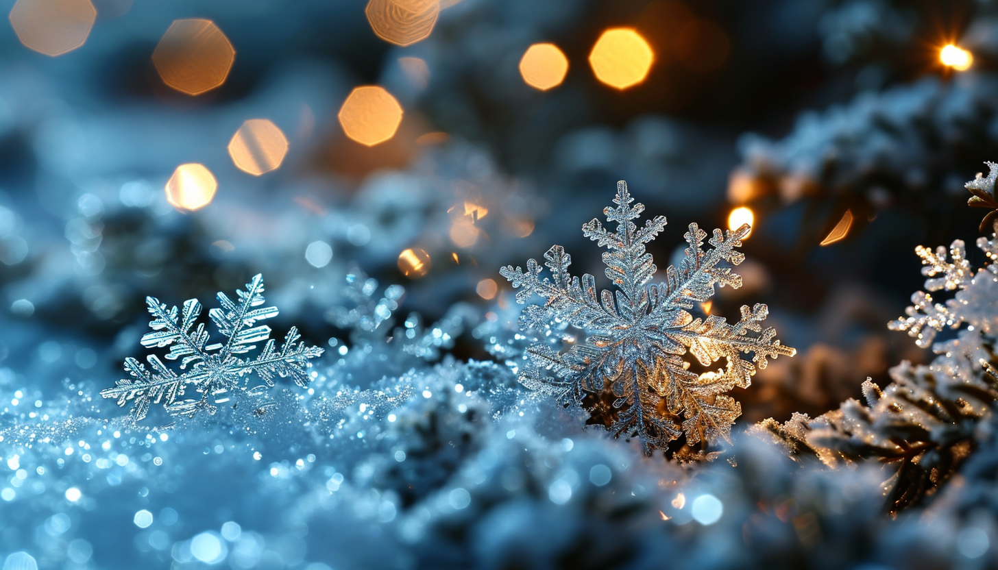 Macro view of snowflakes, each with a unique and intricate design.