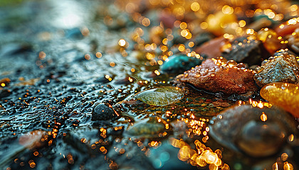 Close-up of a dewdrop reflecting the colors of a rainbow.