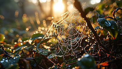 Macro view of dew drops on a spider web, glistening in the morning sun.