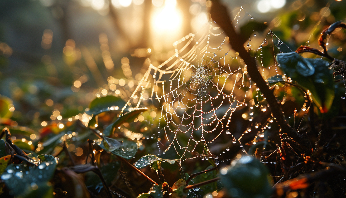 Macro view of dew drops on a spider web, glistening in the morning sun.