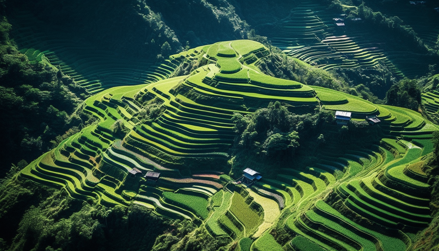 A series of terraced, rice paddies climbing a mountain slope.