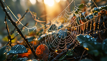 Macro view of dew drops on a spider web, glistening in the morning sun.