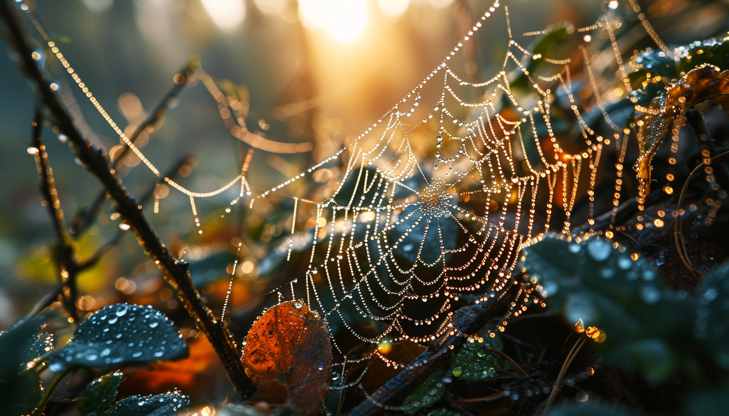 Macro view of dew drops on a spider web, glistening in the morning sun.