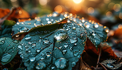 Close-up of raindrops on a leaf, each drop reflecting a miniature world.