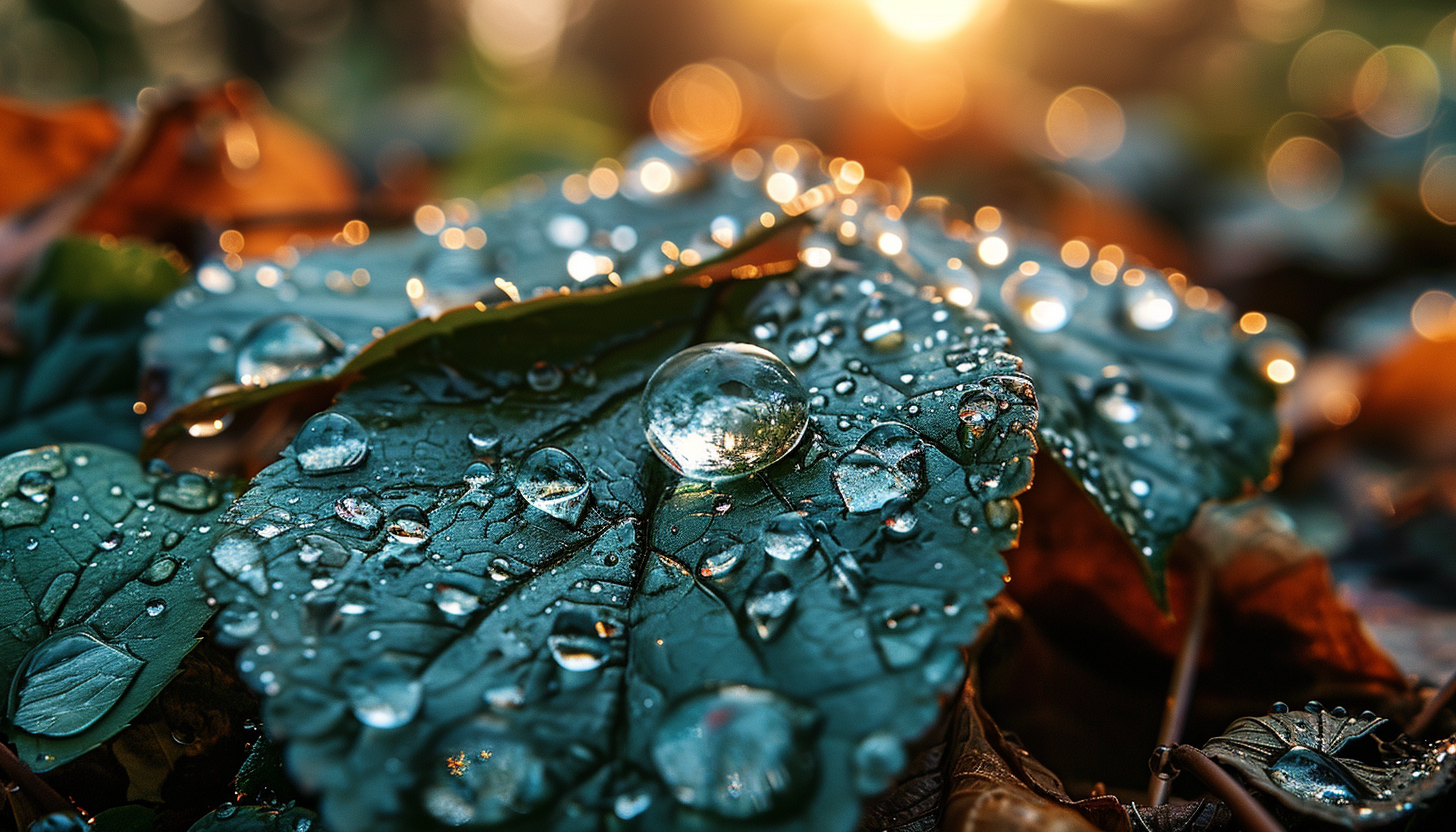 Close-up of raindrops on a leaf, each drop reflecting a miniature world.