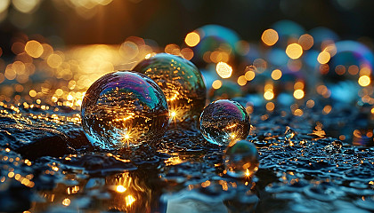 Close-up of iridescent soap bubbles, reflecting a myriad of colors.