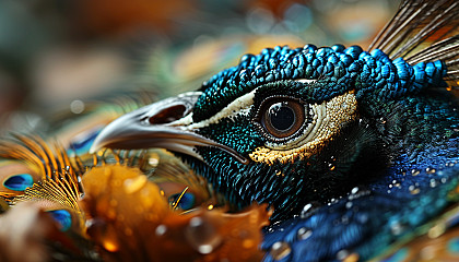 Macro shot of a peacock feather with its eye-catching colors and patterns.