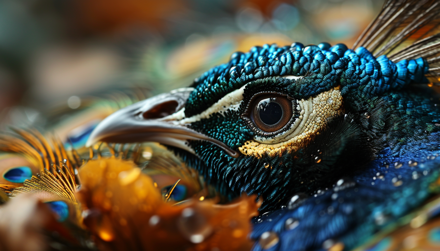 Macro shot of a peacock feather with its eye-catching colors and patterns.