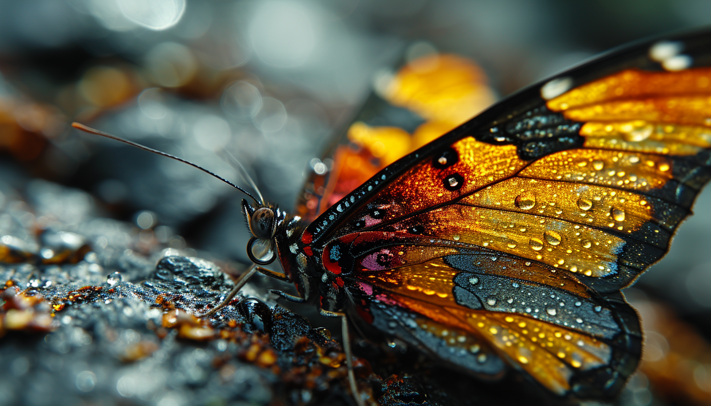 Macro shot of a butterfly wing, showcasing intricate patterns and vivid colors.