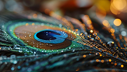 Macro shot of a peacock feather with its eye-catching colors and patterns.