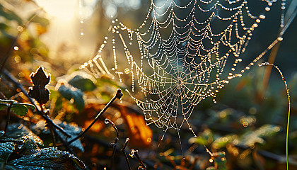 Macro view of dew drops on a spider web, glistening in the morning sun.