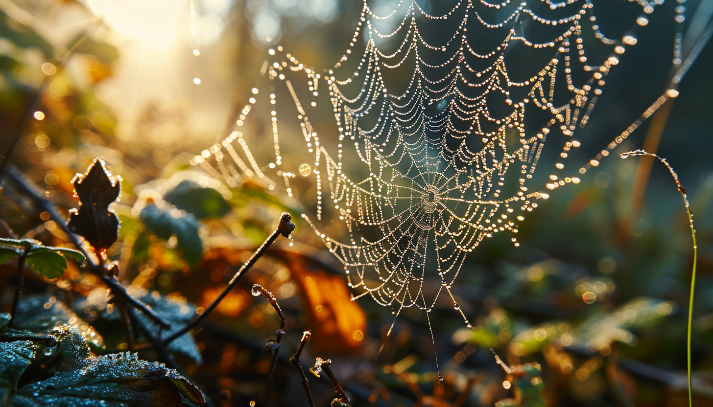 Macro view of dew drops on a spider web, glistening in the morning sun.