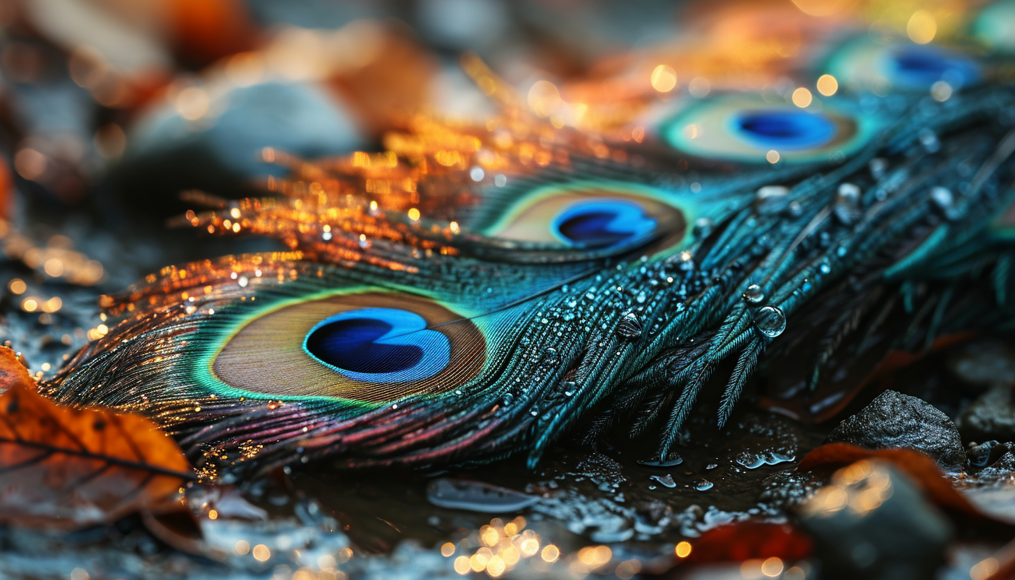 Close-up of a peacock feather showing its vivid colors and patterns.