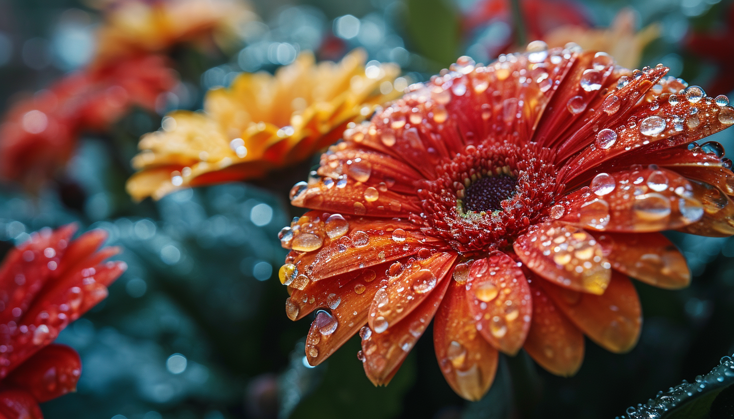 Close-up of dewdrops on vibrant flower petals.