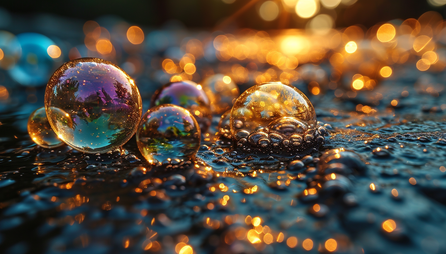 Close-up of iridescent soap bubbles, reflecting a myriad of colors.