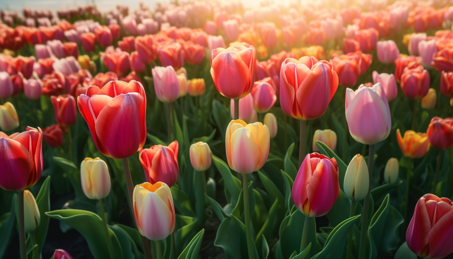 A field of tulips in full bloom during spring.