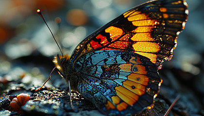 Macro shot of a butterfly wing, showcasing intricate patterns and vivid colors.