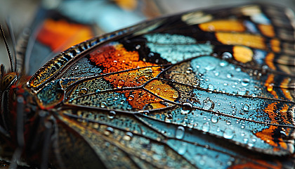 Macro shot of a butterfly wing, showcasing intricate patterns and vivid colors.