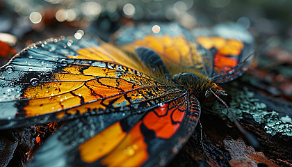 Close-up of a butterfly's wing, revealing intricate patterns and vivid colors.