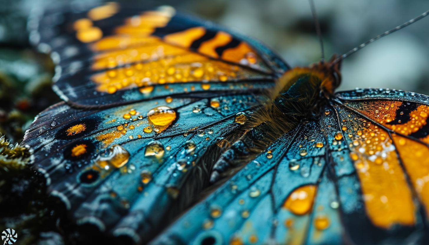 Macro shot of a butterfly wing, showcasing intricate patterns and vivid colors.