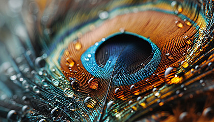 Macro shot of a peacock feather with its eye-catching colors and patterns.