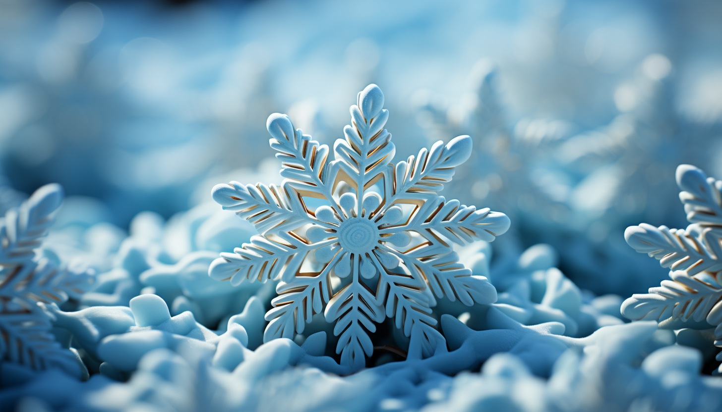 The intricate, geometric pattern of a snowflake up close.