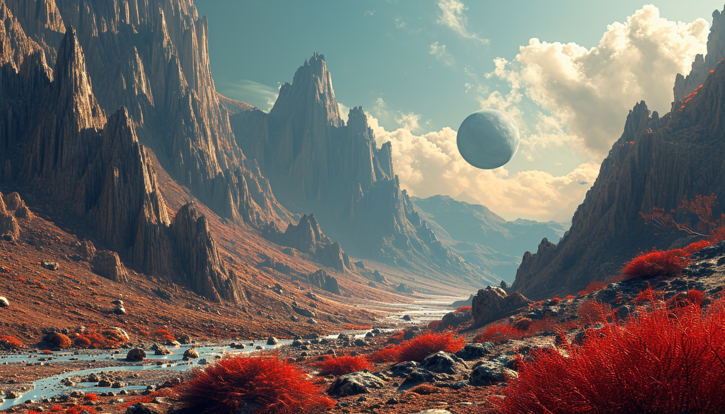 The surface of a foreign planet, imagined in rich hues and textures.