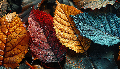 Colorful autumn leaves under a microscope, showing intricate cell structures.