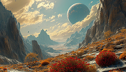 A surreal, colorful planetary landscape from a distant world.