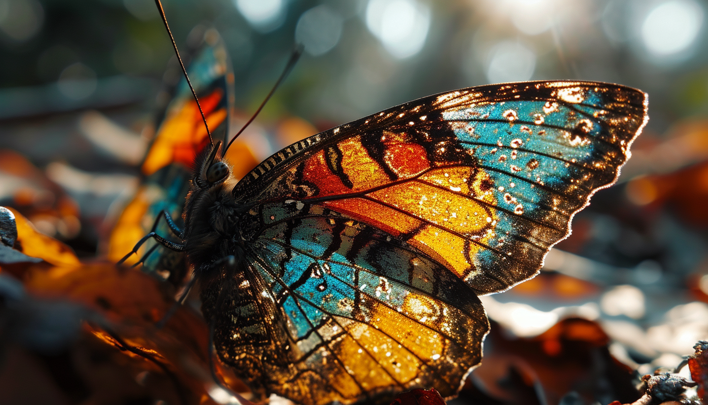 Macro shot of a butterfly wing, showcasing intricate patterns and vivid colors.