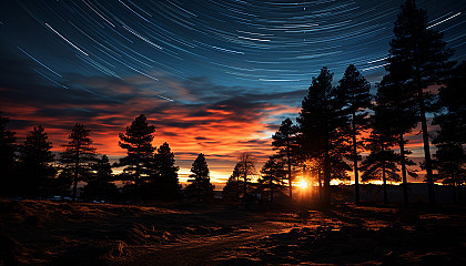 Star trails captured in a long-exposure image, creating a whirl of light in the night sky.