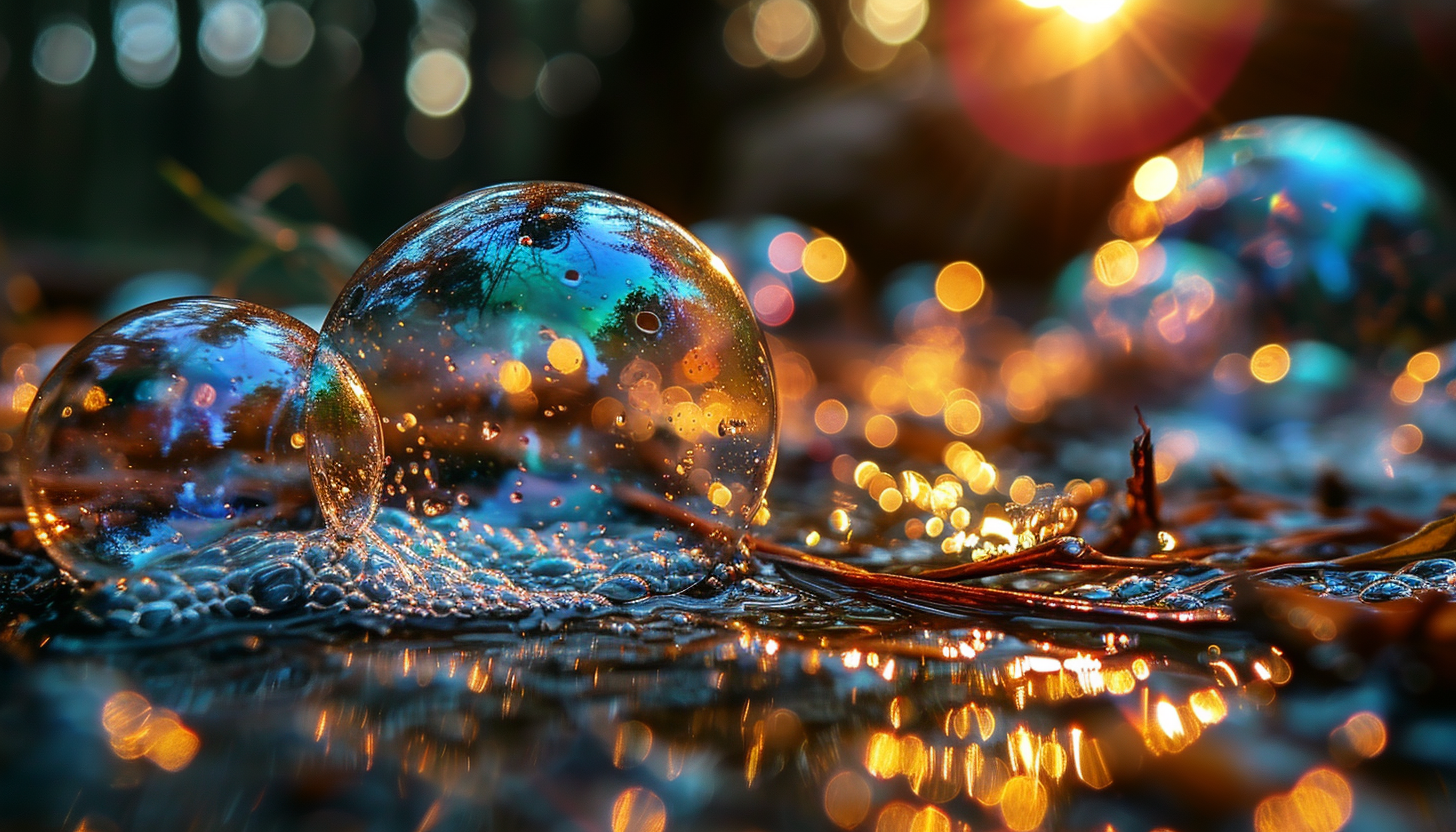 Close-up of iridescent soap bubbles, reflecting a myriad of colors.