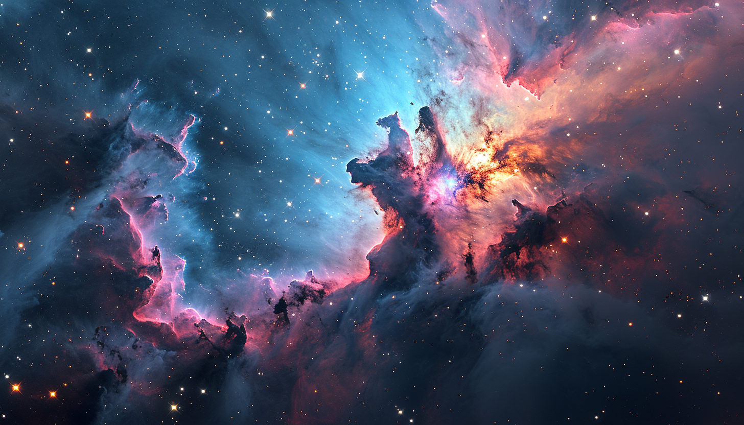 A vibrant nebula in space with swirling hues of blue and purple.